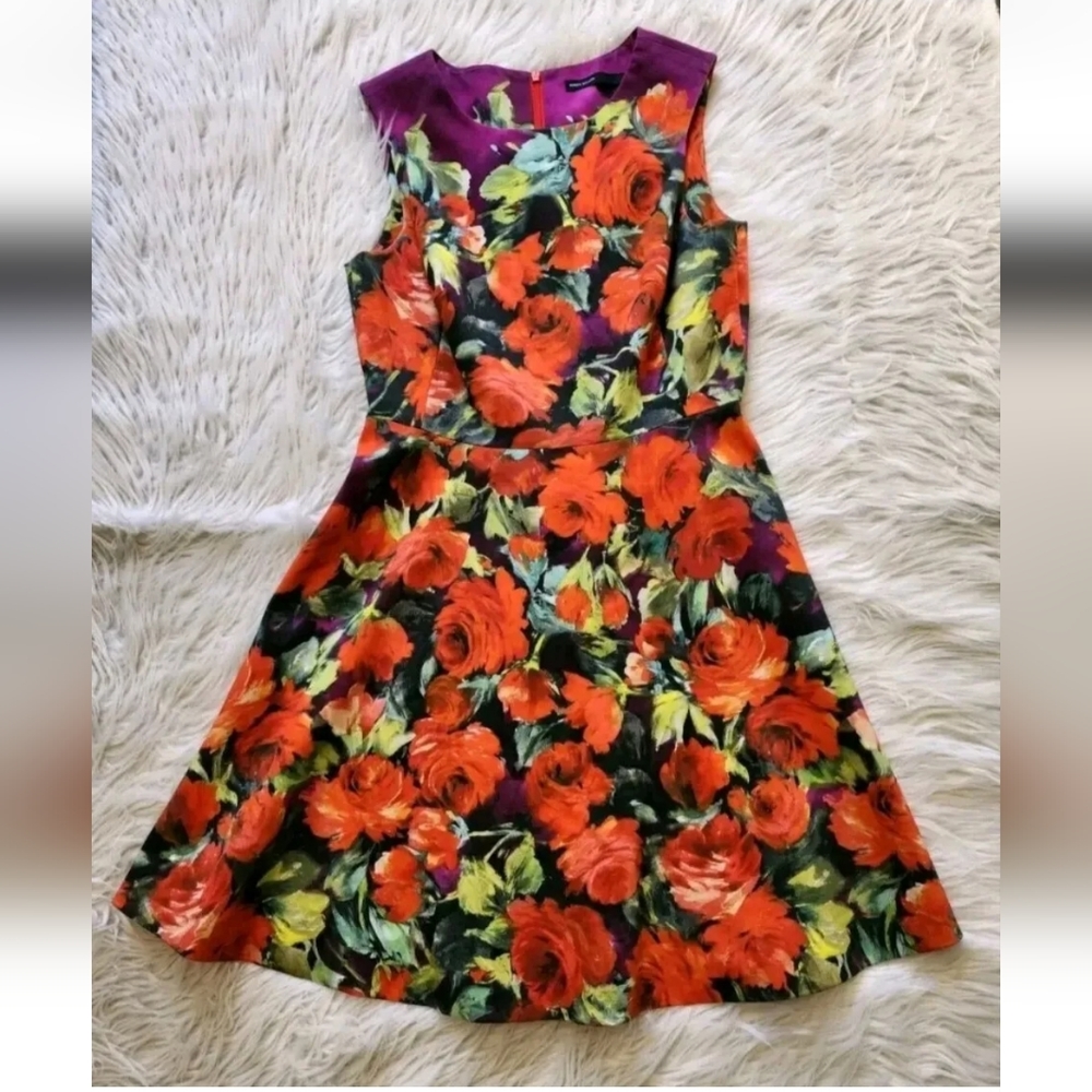 Karen Millen Floral A Line Dress Fit Flare US 8 Sleeveless Red Black Purple Rose